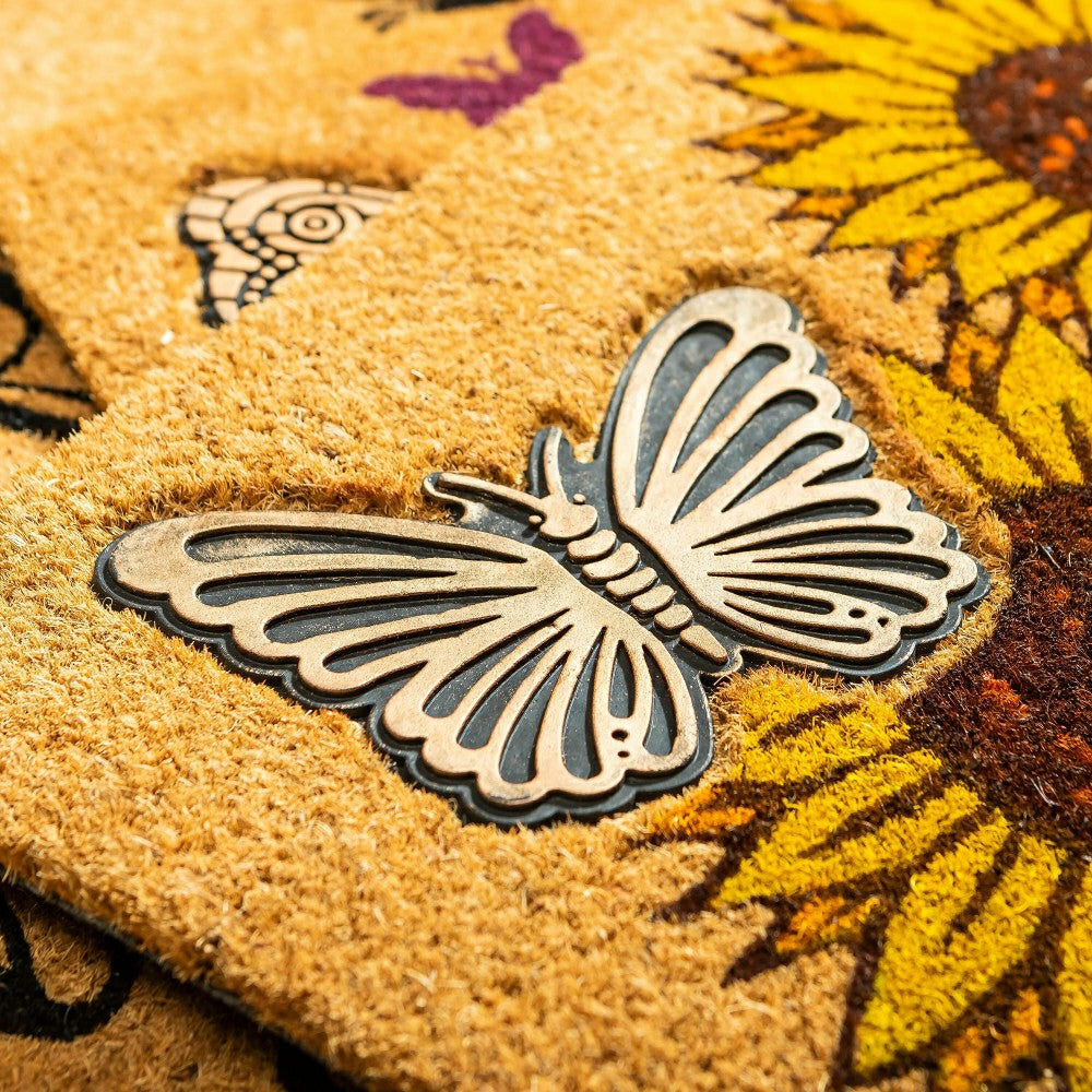 Sunflower Field Coir Mat with Rubber Embossed Butterfly | Plow & Hearth