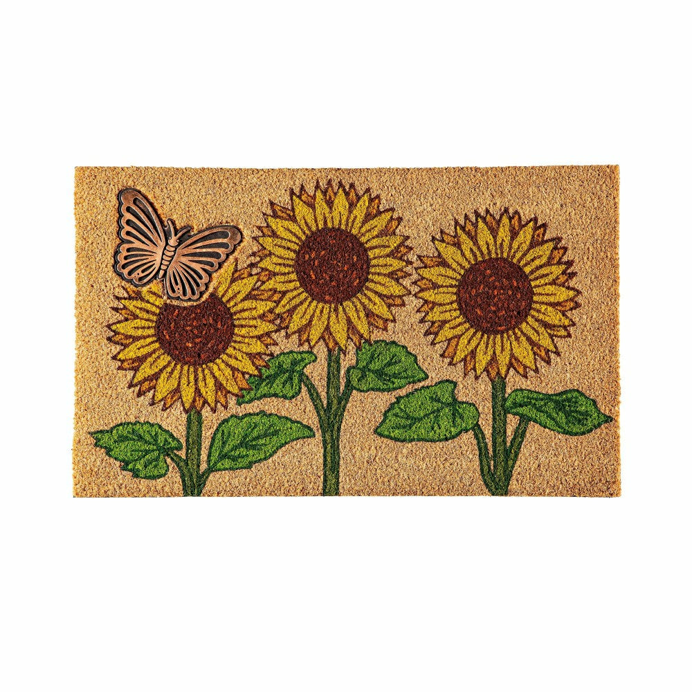 Sunflower Field Coir Mat with Rubber Embossed Butterfly | Plow & Hearth