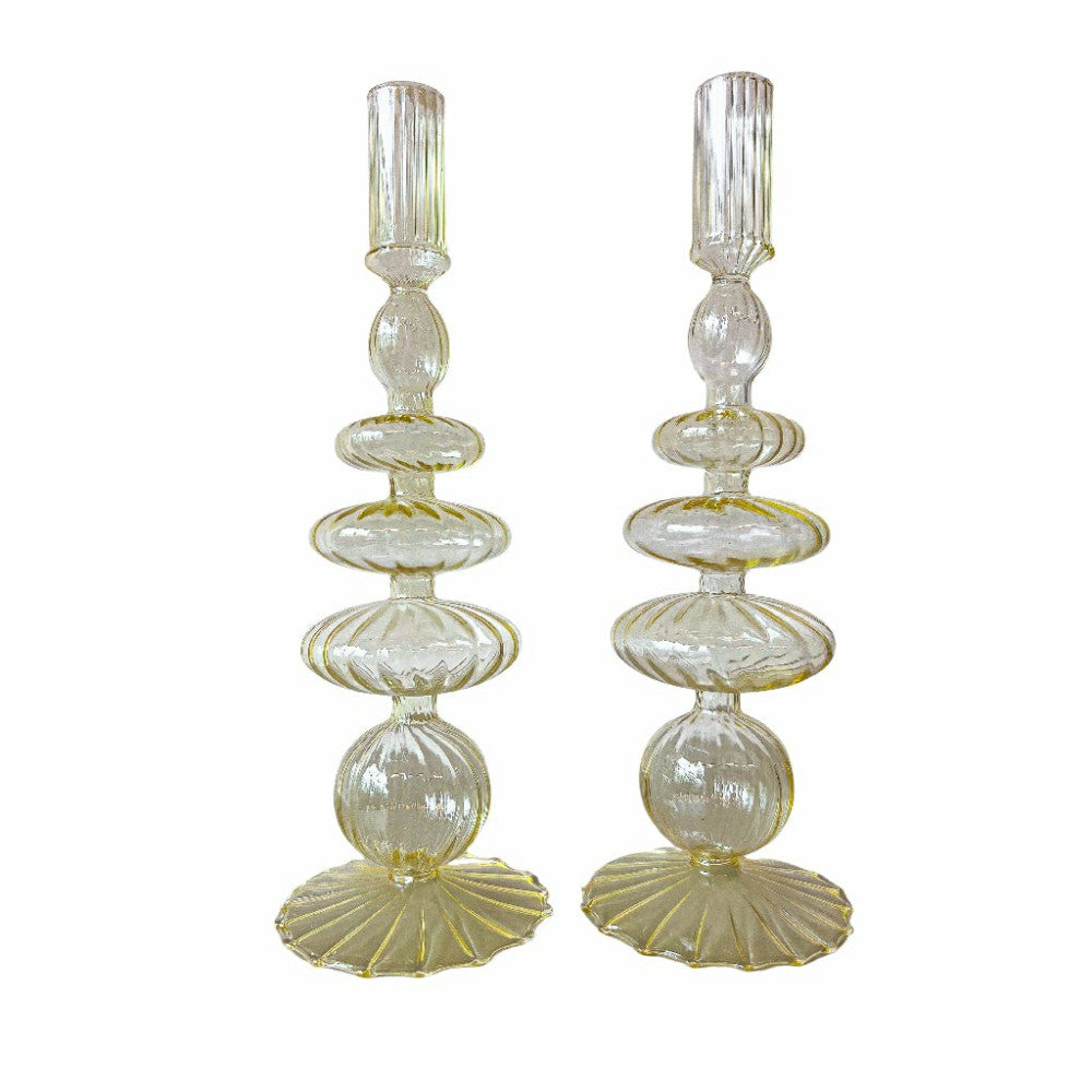 Buttercream Yellow Ribbed Candle Holder, Set of 2 | Plow & Hearth