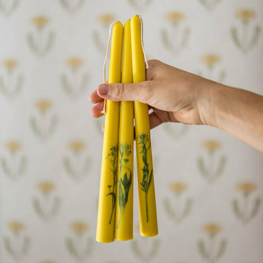 Set of 3 Yellow Floral Inlaid Tapered Candles | Plow & Hearth
