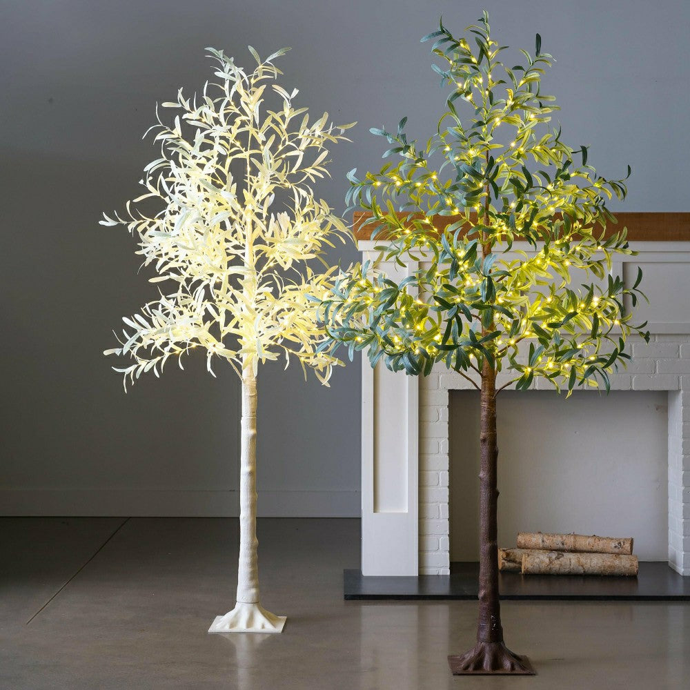 7' Lit Faux Olive Tree, White | Plow & Hearth