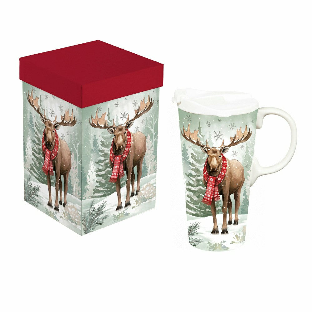 Winter Grove Travel Cup Ceramic Perfect Cup, Moose, 17oz, Gift Box | Plow & Hearth