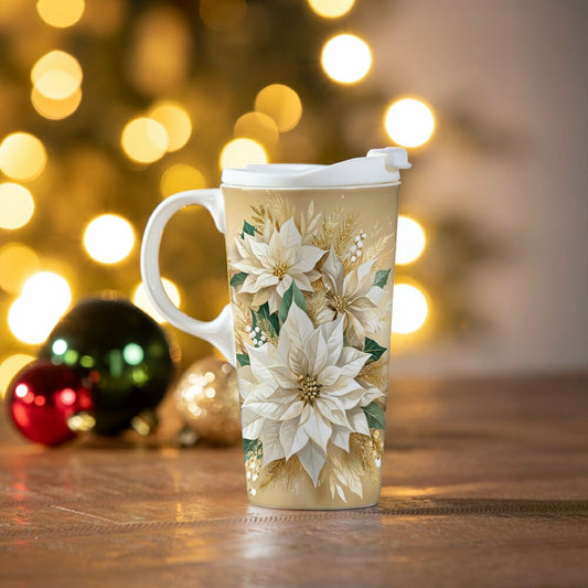 Pearl & Pine Travel Cup Ceramic Perfect Cup, Poinsettia, 17oz, Gift Bo | Plow & Hearth