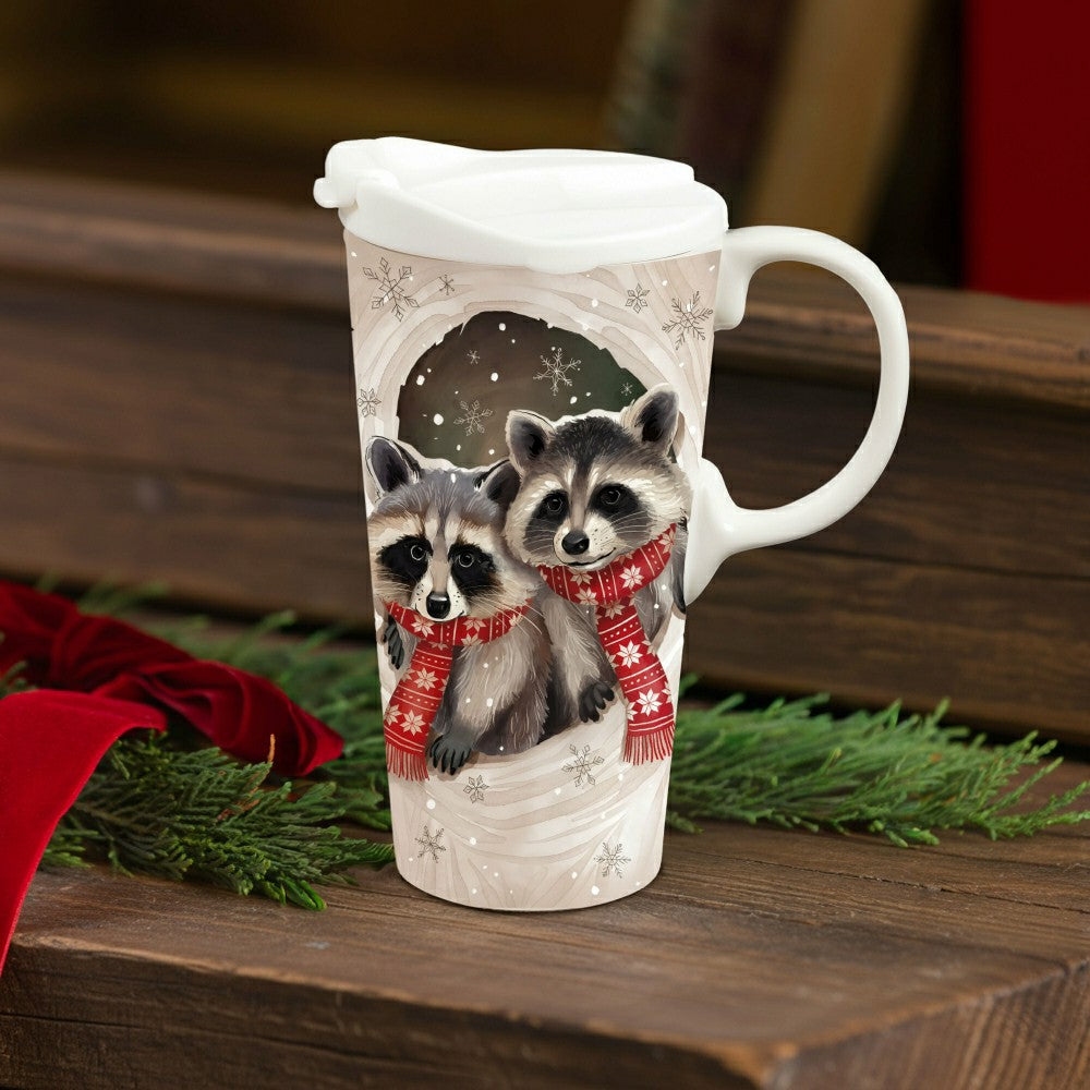 Winter Grove Travel Cup Ceramic Perfect Cup, Raccoon, 17oz, Gift Box | Plow & Hearth
