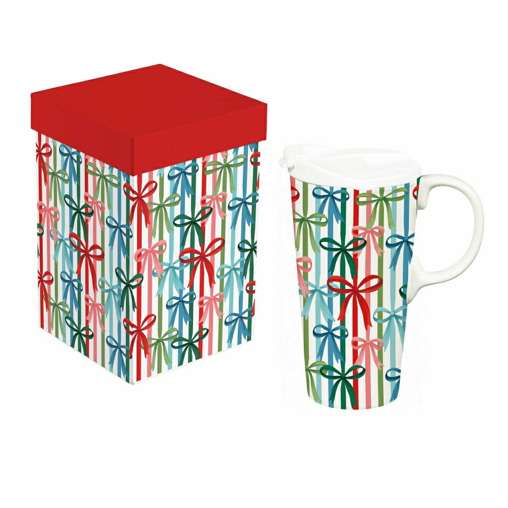 Heartfelt Cheer Travel Cup Ceramic Perfect Cup, Bows, 17oz, Gift Box | Plow & Hearth
