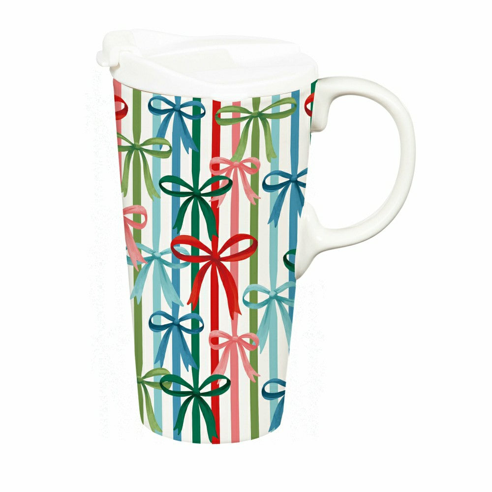 Heartfelt Cheer Travel Cup Ceramic Perfect Cup, Bows, 17oz, Gift Box | Plow & Hearth