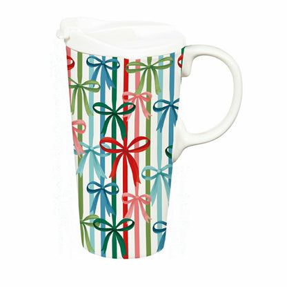 Heartfelt Cheer Travel Cup Ceramic Perfect Cup, Bows, 17oz, Gift Box | Plow & Hearth