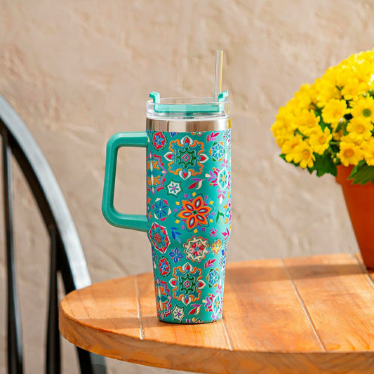 Geometric Tapestry Trenta Cup, Double Wall Stainless Steel w/ Straw, 3 | Plow & Hearth