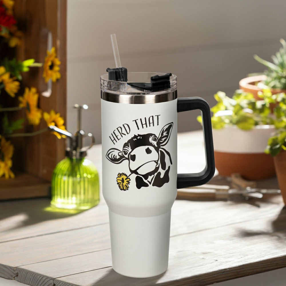 Herd That Cow Canyon Cup, Double Wall Stainless Steel w/ Straw, 40oz,  | Plow & Hearth