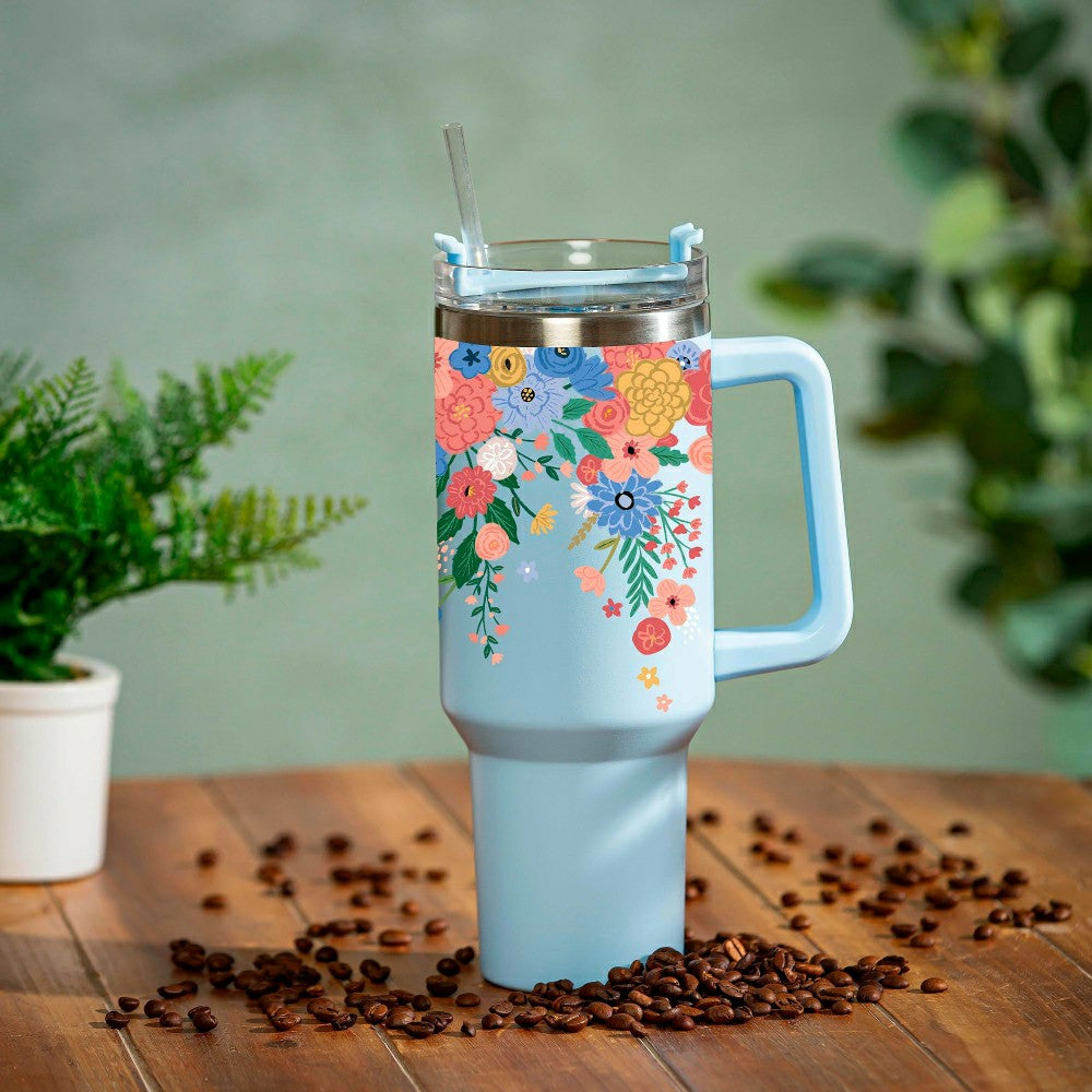 Bursting Blossoms Canyon Cup, Double Wall Stainless Steel w/ Straw, 40 | Plow & Hearth