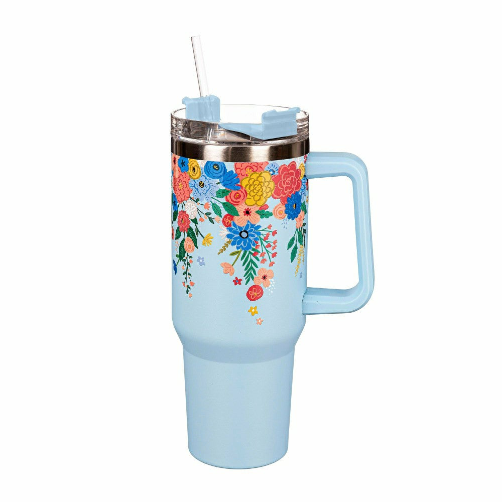 Bursting Blossoms Canyon Cup, Double Wall Stainless Steel w/ Straw, 40 | Plow & Hearth