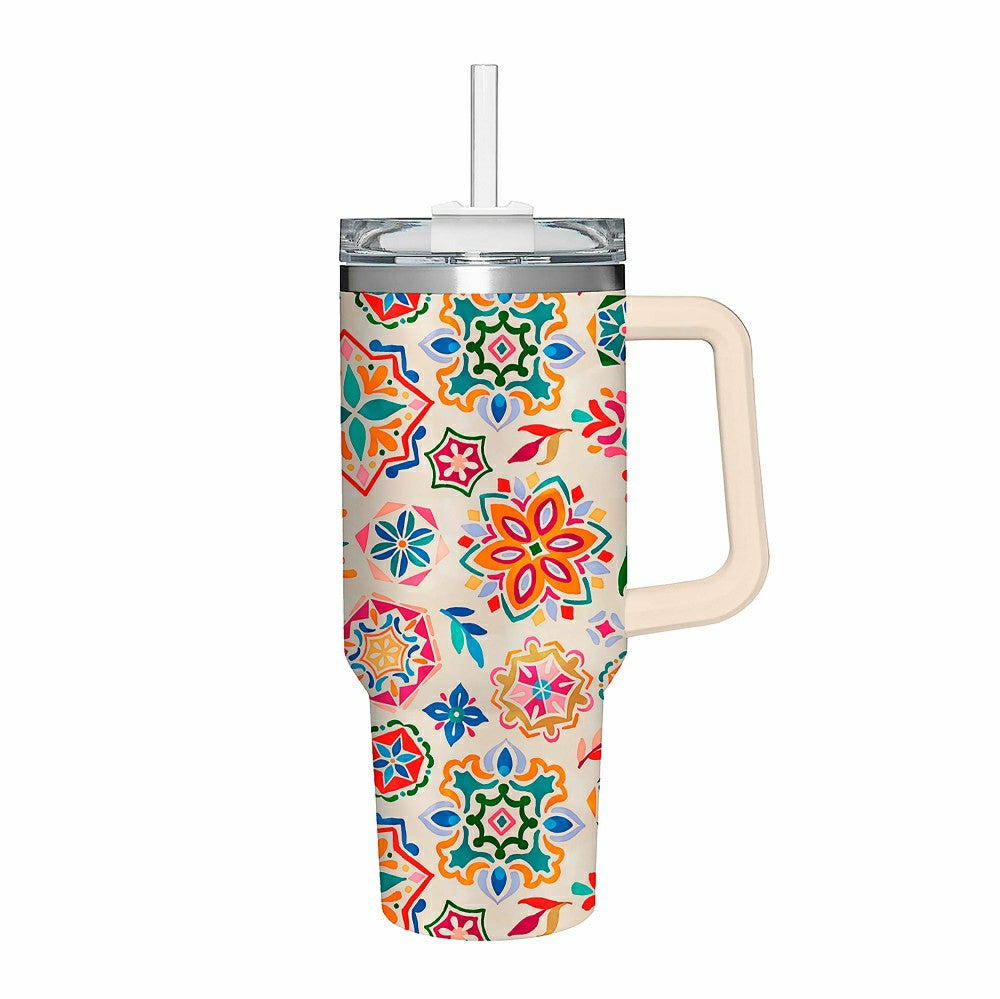 Geometric Tapestry Canyon Cup, Double Wall Stainless Steel w/ Straw, 4 | Plow & Hearth
