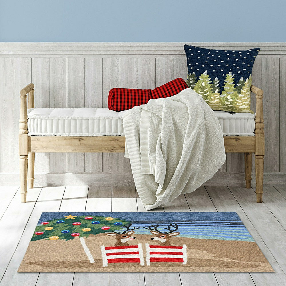 Indoor/Outdoor Hand-Hooked Beach Reindeer Accent Rug, 24" x 36" | Plow & Hearth