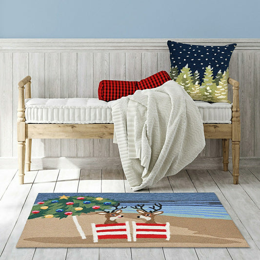 Indoor/Outdoor Hand-Hooked Beach Reindeer Accent Rug, 24" x 36" | Plow & Hearth