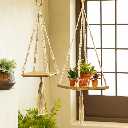 VivaStyle Plant Stand, Macrame & Wood, Hanging Plant Stand, 32" H, Set | Plow & Hearth