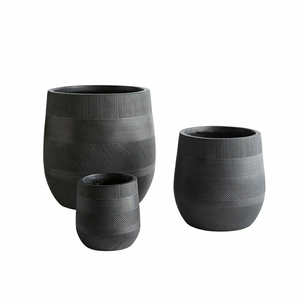 Round Stripe Fiber Clay Planters, Set of 3, Anthracite Black | Plow & Hearth
