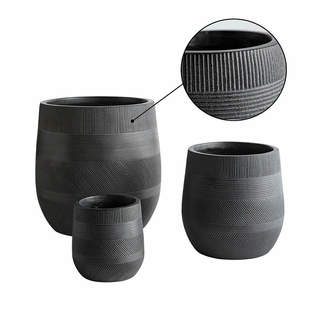 Round Stripe Fiber Clay Planters, Set of 3, Anthracite Black | Plow & Hearth
