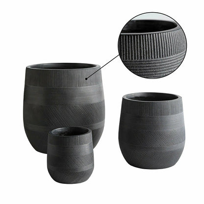 Round Stripe Fiber Clay Planters, Set of 3, Anthracite Black | Plow & Hearth