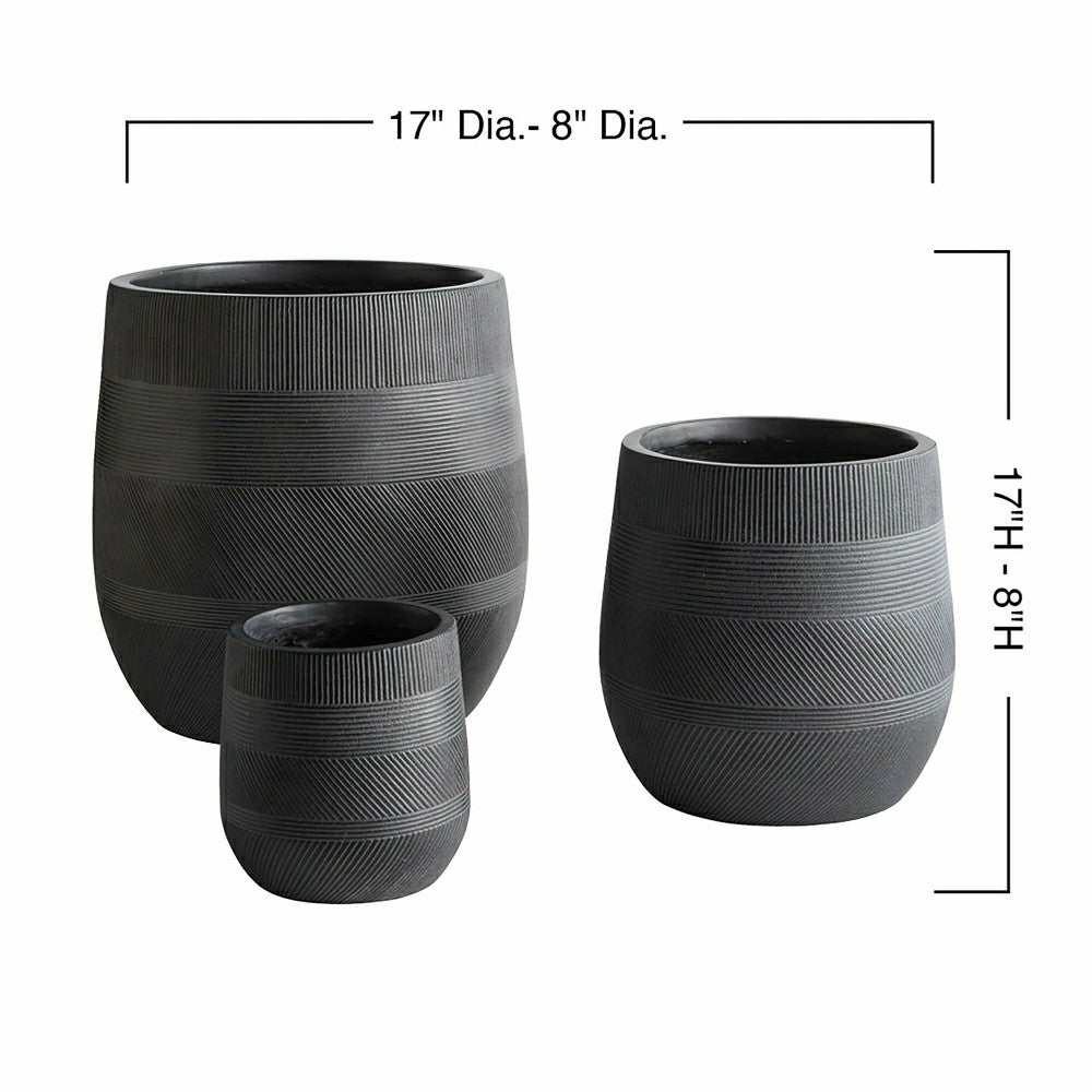 Round Stripe Fiber Clay Planters, Set of 3, Anthracite Black | Plow & Hearth