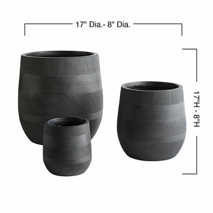 Round Stripe Fiber Clay Planters, Set of 3, Anthracite Black | Plow & Hearth