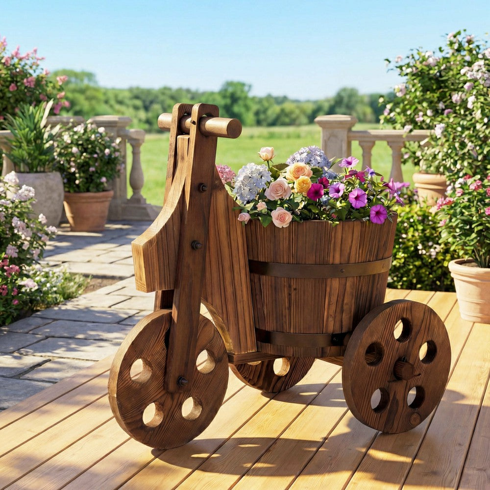 Rustic Wood Tricycle Planter | Plow & Hearth