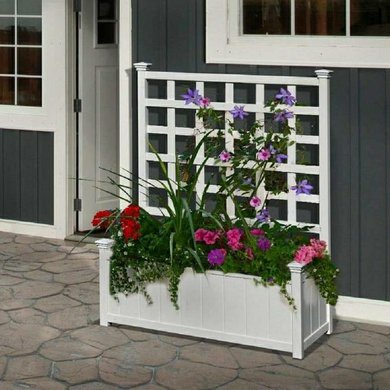 White Vinyl Garden Planter Box with Trellis | Plow & Hearth
