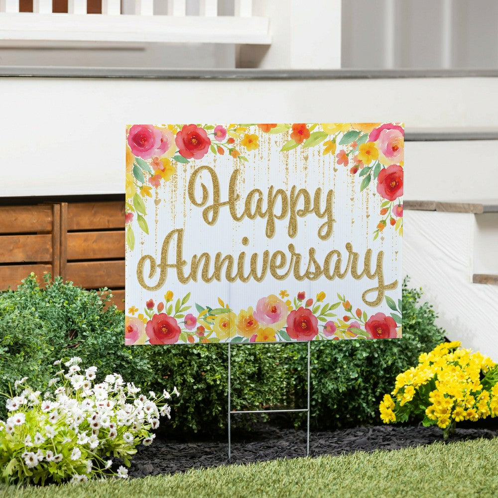 This Calls For Cake Yard Sign with H-Stake, "Happy Anniversary", 24"x1 | Plow & Hearth