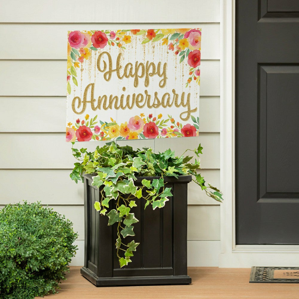 This Calls For Cake Yard Sign with H-Stake, "Happy Anniversary", 24"x1 | Plow & Hearth