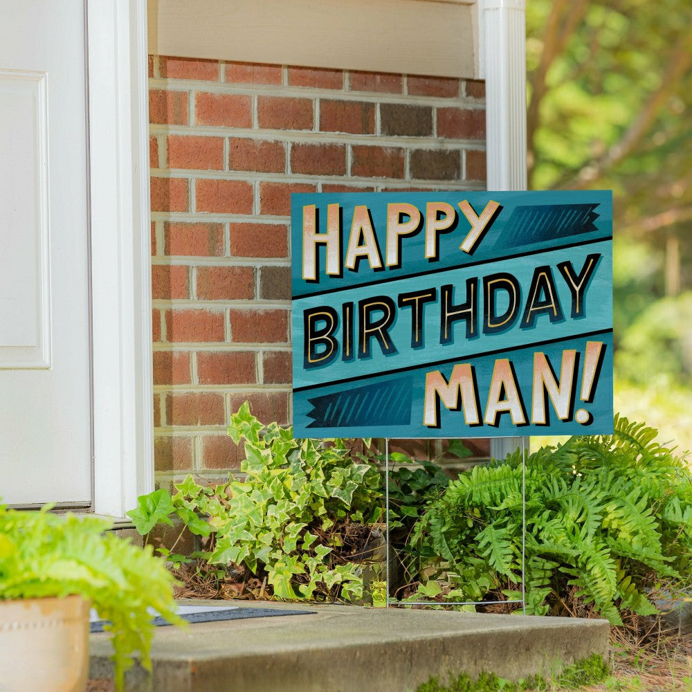 This Calls For Cake Yard Sign with H-Stake, "Happy Birthday Man!", 24" | Plow & Hearth