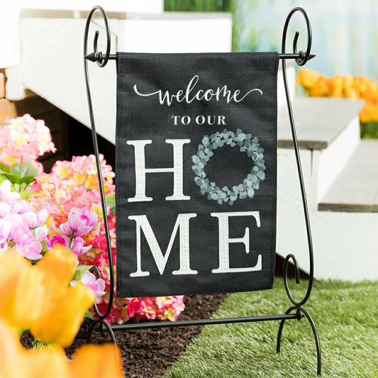 “Welcome To Our Home” Eucalyptus Burlap Garden Flag | Plow & Hearth