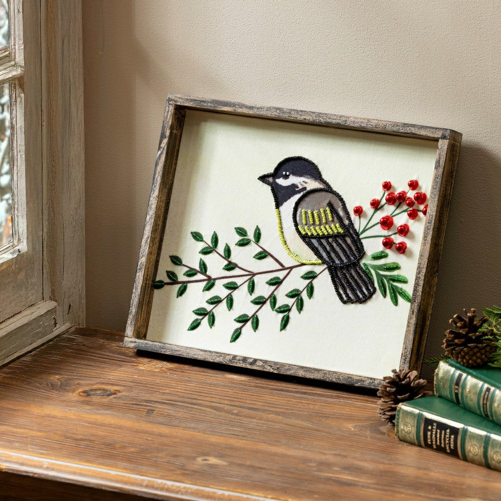 Woodland Storybook Indoor Wall Decor, Textile Beaded Chickadee with Wo | Plow & Hearth