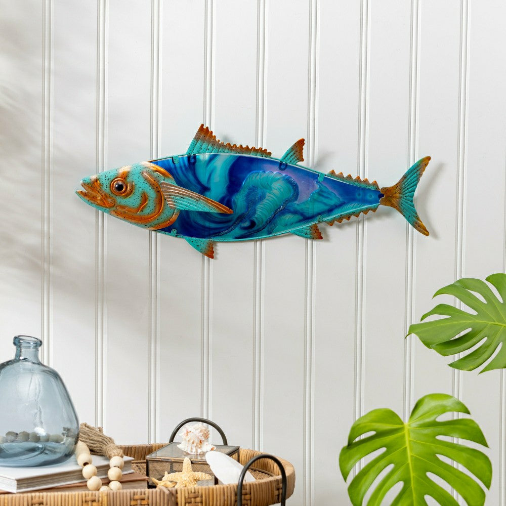 Blue Coastal Outdoor Wall Decor, Metal & Glass, Fish with Metallic Fin | Plow & Hearth