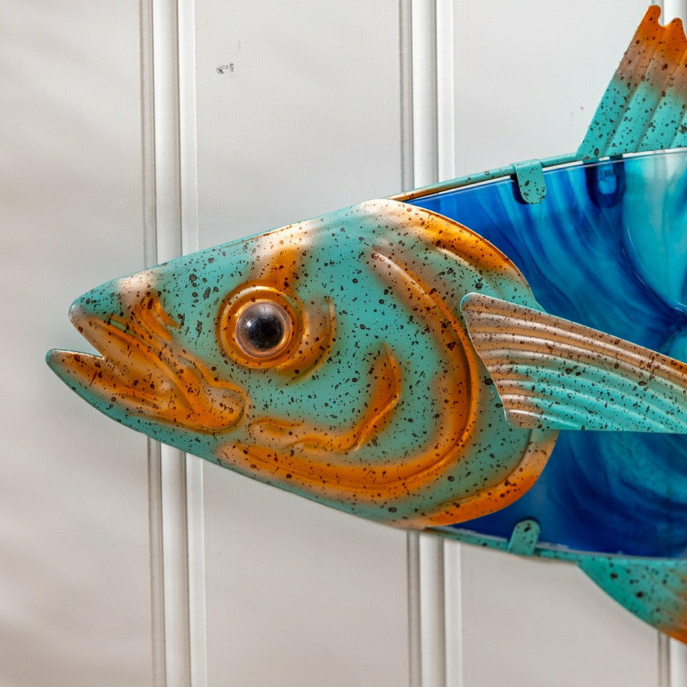 Blue Coastal Outdoor Wall Decor, Metal & Glass, Fish with Metallic Fin | Plow & Hearth