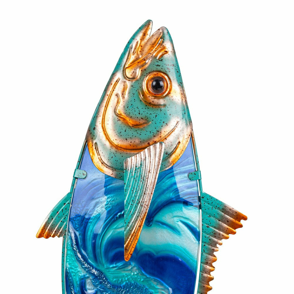Blue Coastal Outdoor Wall Decor, Metal & Glass, Fish with Metallic Fin | Plow & Hearth