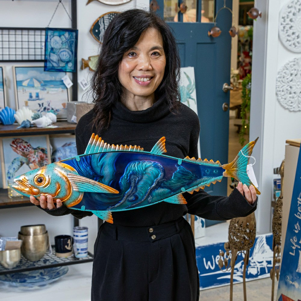 Blue Coastal Outdoor Wall Decor, Metal & Glass, Fish with Metallic Fin | Plow & Hearth