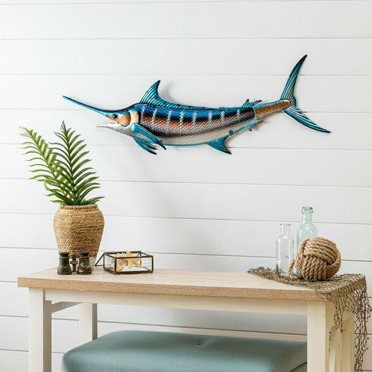 Blue Coastal Outdoor Wall Decor, Metal & Glass, Fish with Metallic Fin | Plow & Hearth
