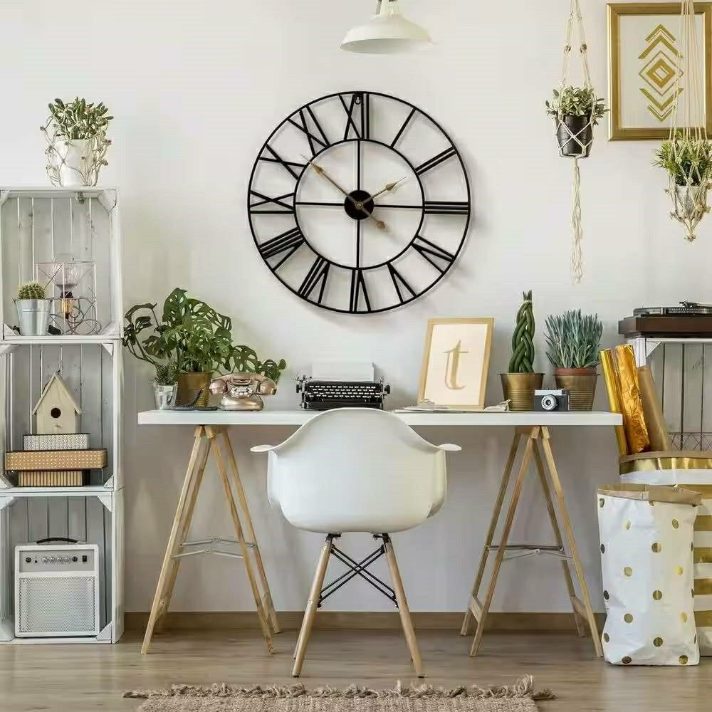 Round 24-inch Black Metal Roman Numeral Wall Clock with Gold Hands | Plow & Hearth