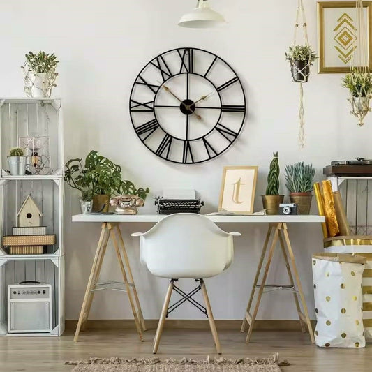 Round 24-inch Black Metal Roman Numeral Wall Clock with Gold Hands | Plow & Hearth