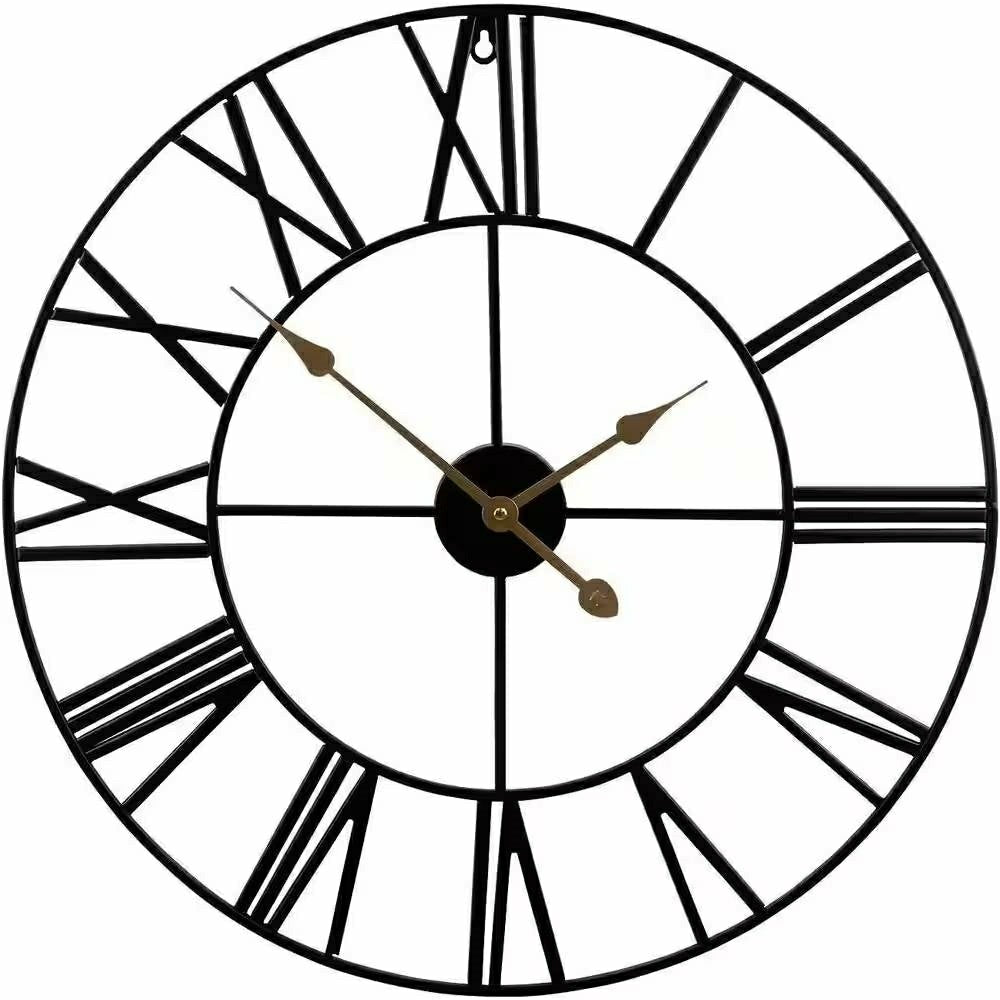 Round 24-inch Black Metal Roman Numeral Wall Clock with Gold Hands | Plow & Hearth
