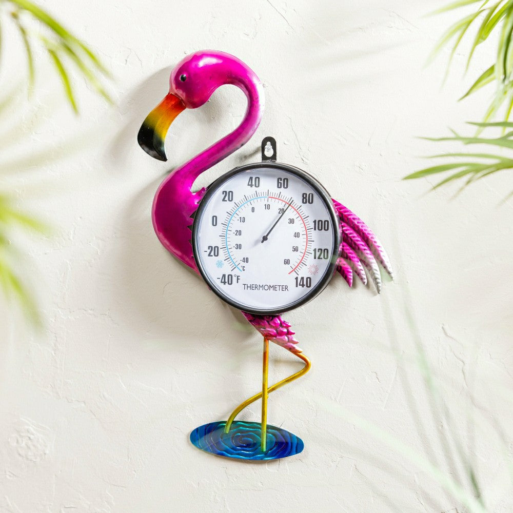 Flamingo Palm Beach Metal Outdoor Wall Thermometer, 17" | Plow & Hearth