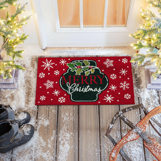 Merry Christmas Floral Pattern Coir Mat | Plow & Hearth