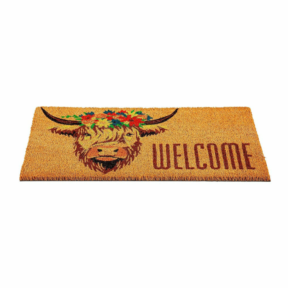 Hillside Pasture Highland Cow Welcome Coir Mat | Plow & Hearth