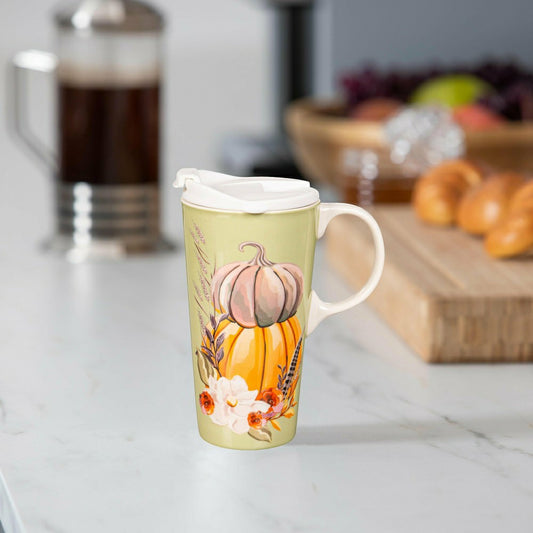 Ceramic Perfect Travel Cup, 17oz, w/ Gift Box, Harvest Pumpkins and Ma | Plow & Hearth