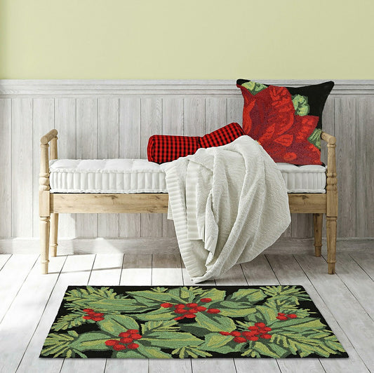 Indoor/Outdoor Hand-Hooked Holly Berry Accent Rug, 24" x 36" | Plow & Hearth