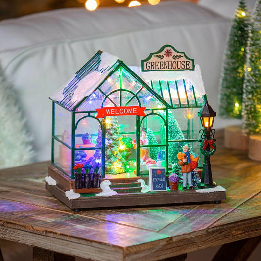 Holly Homestead LED Table Decor Resin Greenhouse with Rotating Tree an | Plow & Hearth