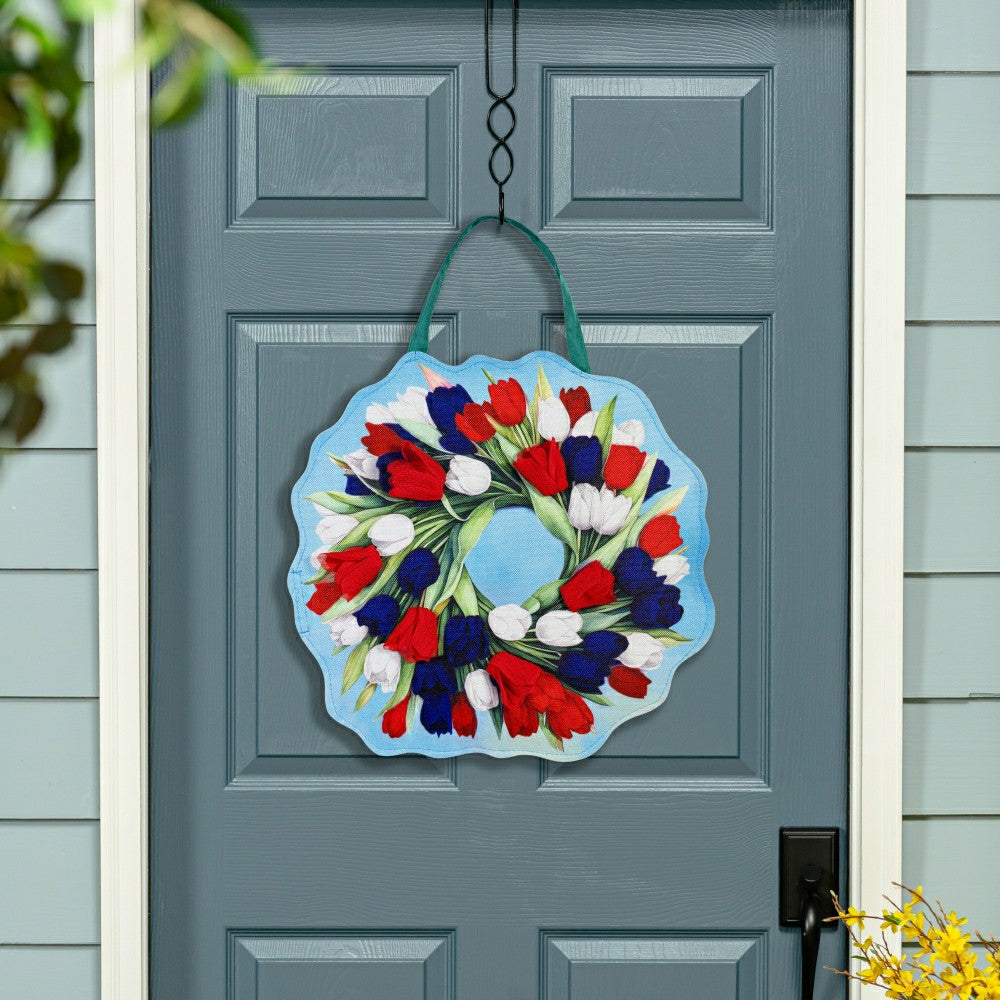 Spring Pink & Patriotic Tulips Wreath Reversible Door Decor | Plow & Hearth