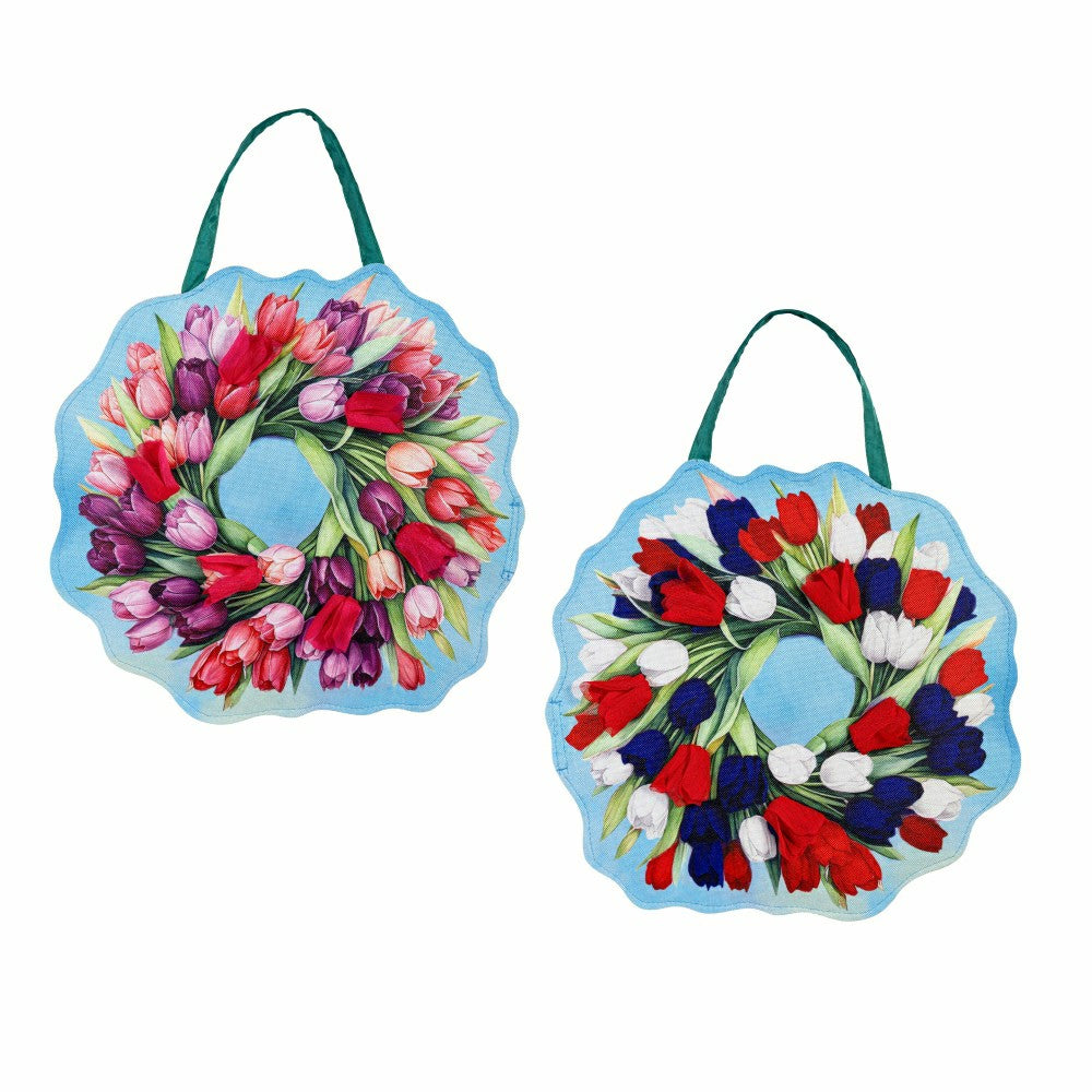 Spring Pink & Patriotic Tulips Wreath Reversible Door Decor | Plow & Hearth