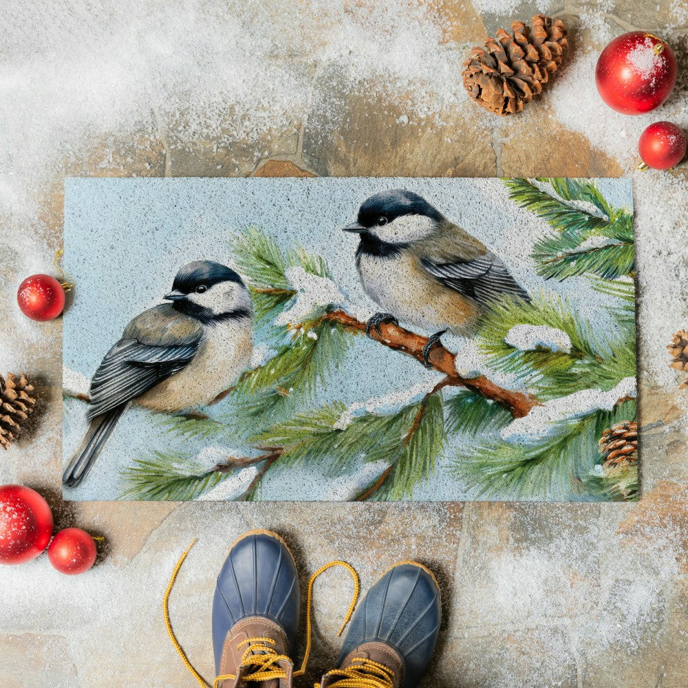 Holiday Poinsettia Chickadees PVC Trapper Mat, 28"x16" | Plow & Hearth