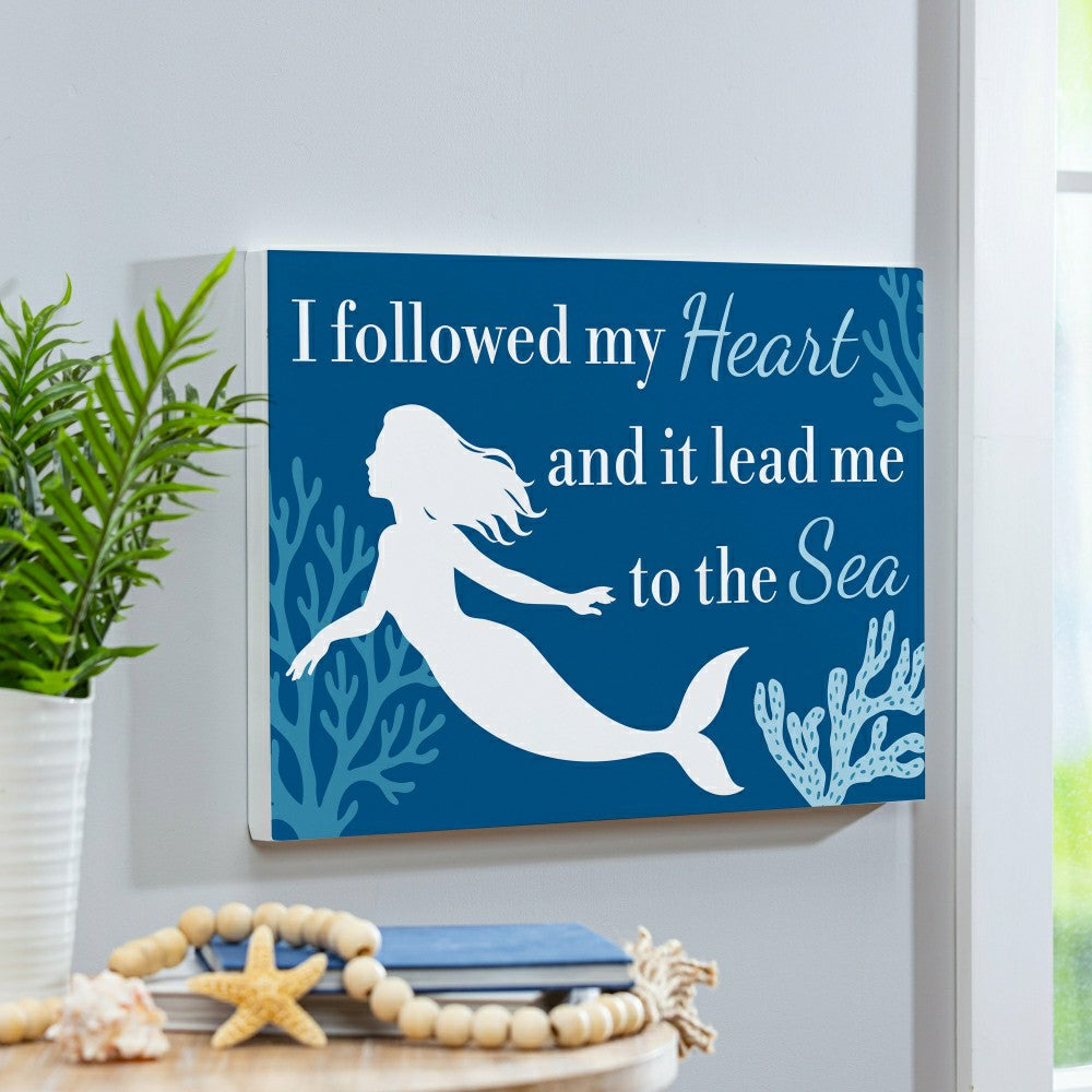 Blue Coastal Coral Sea Indoor Wall Décor, Wood, Mermaid "Heart", 24"x1 | Plow & Hearth