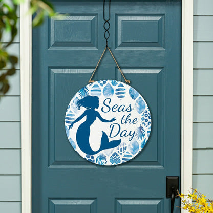 Blue Coastal Coral Sea Wood Door Décor, Mermaid "Seas The Day", 18" | Plow & Hearth